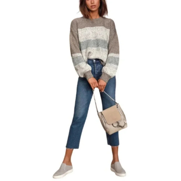 Lulus Womens  M Snuggle Season Grey Multi Striped Balloon Sleeve Sweater - Picture 1 of 13
